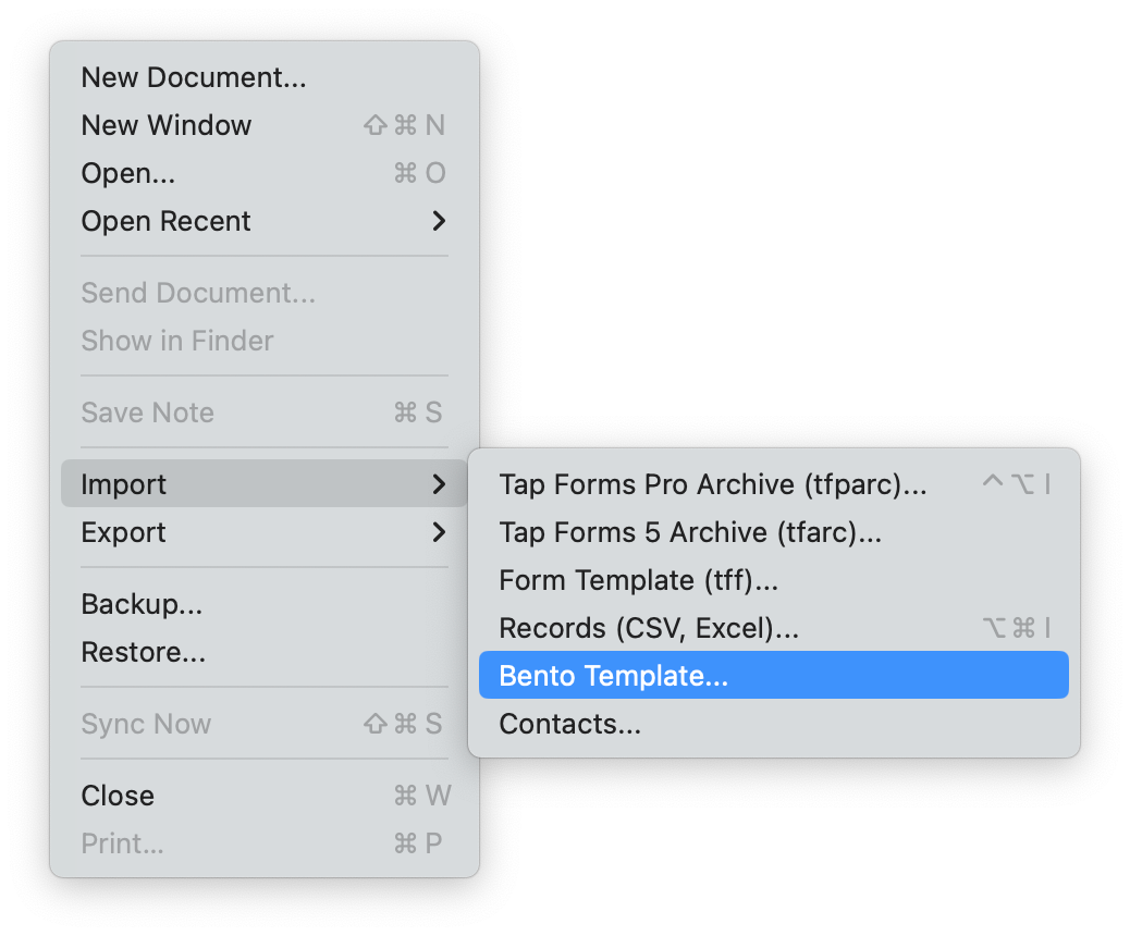 Import Bento Template menu image